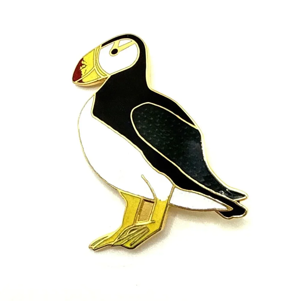 Vintage Cloisonne PUFFIN BIRD Brooch Black White Yellow Enamel Lapel Pin 2